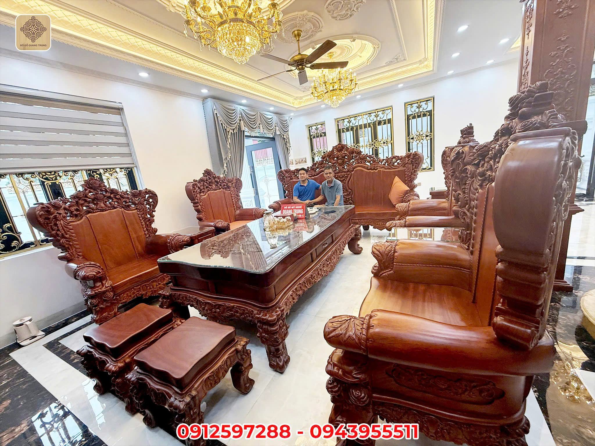 Bộ bàn ghế Luis Hoàng Gia Tân Cổ Điển gỗ gõ đỏ 12 món