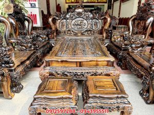 Bộ bàn ghế Nghê Bảo Đỉnh Nghê 5 đầu gỗ mun hoa Lào cột 16, bộ 12 món