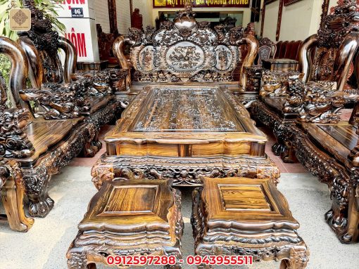 Bộ bàn ghế Nghê Bảo Đỉnh Nghê 5 đầu gỗ mun hoa Lào cột 16, bộ 12 món